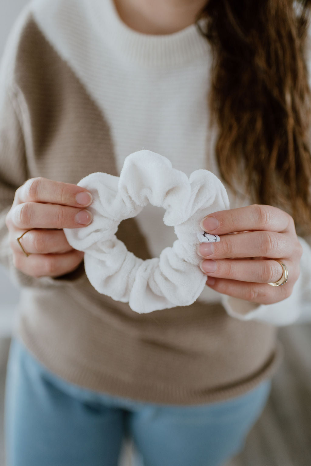 white towel scrunchie to dry your hair on the go by Created Mother!