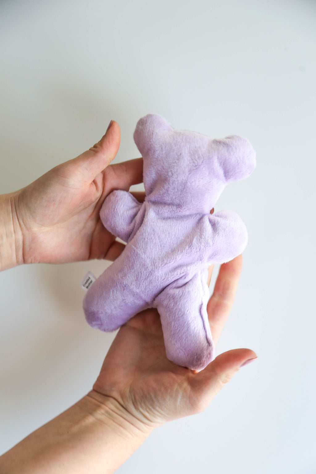 Hand holding a small purple plush bear hot cold pack against a white background