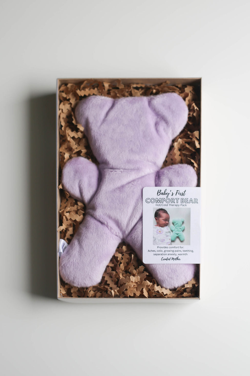 Adorable 5” x 9” bear-shaped comfort pack ideal for warm or cold relief.