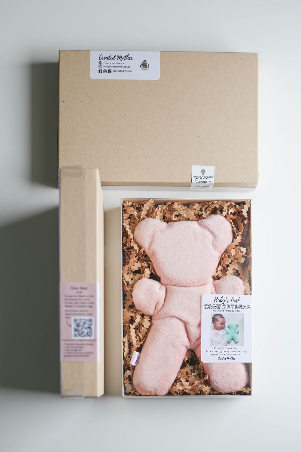 Compact and comforting therapy bear designed to calm little ones through warmth or cold.