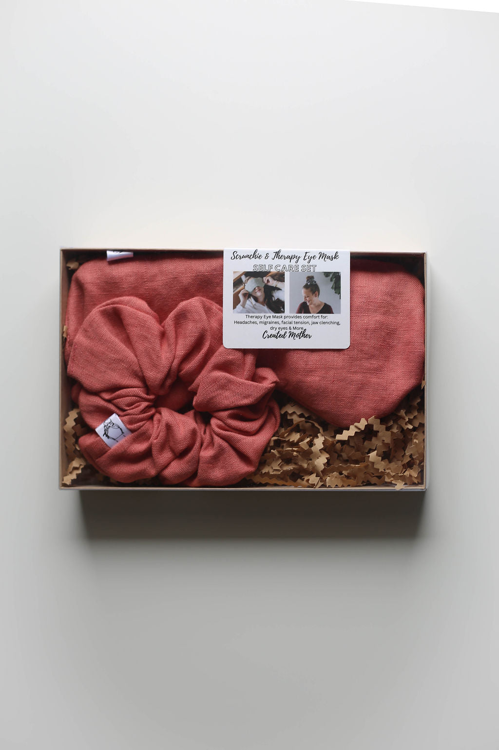 Comfortable 100% Linen fabric eye mask designed for puffiness relief and sinus pressure, bundled with scrunchie.