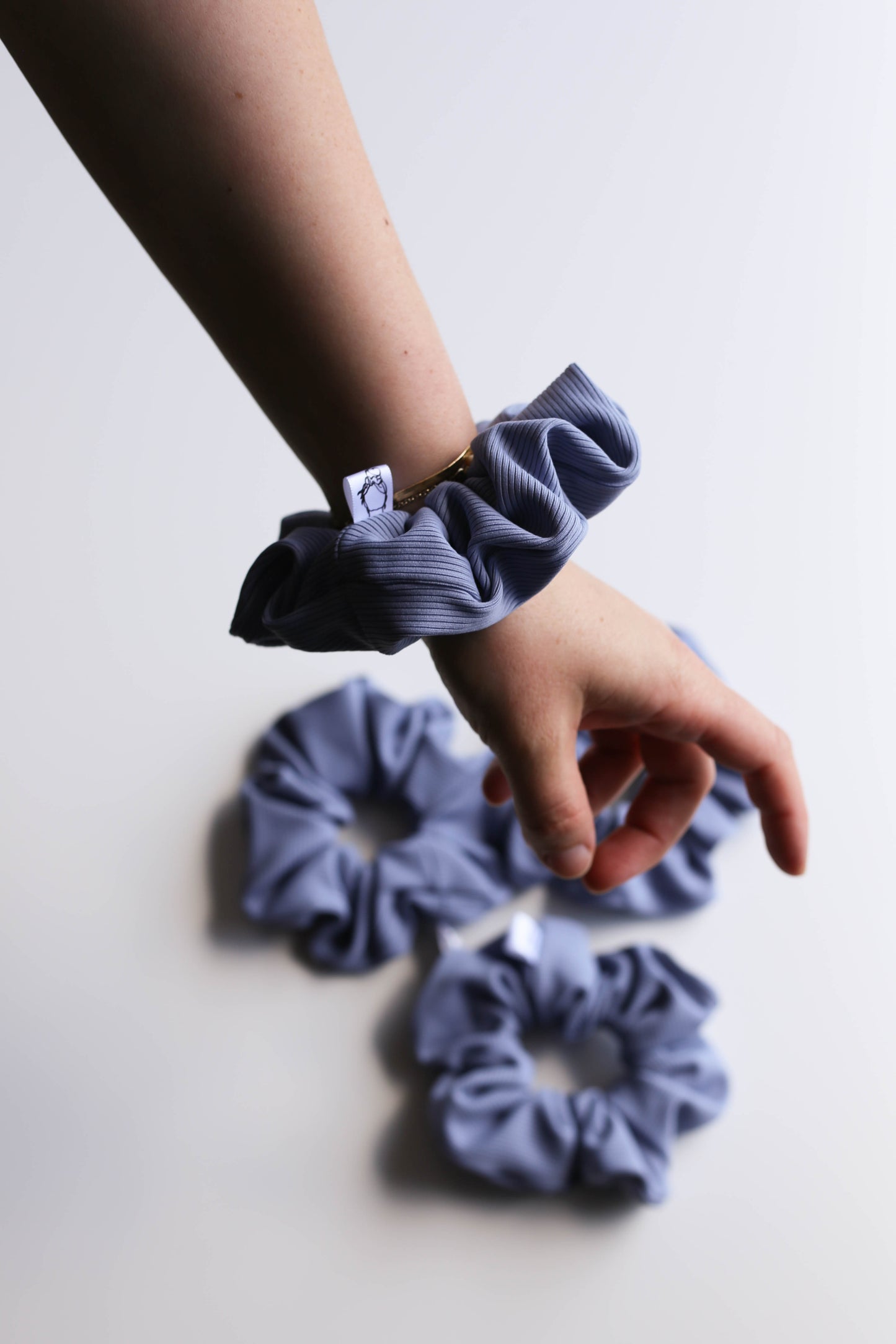 Water-resistant periwinkle blue scrunchie for pool and gym