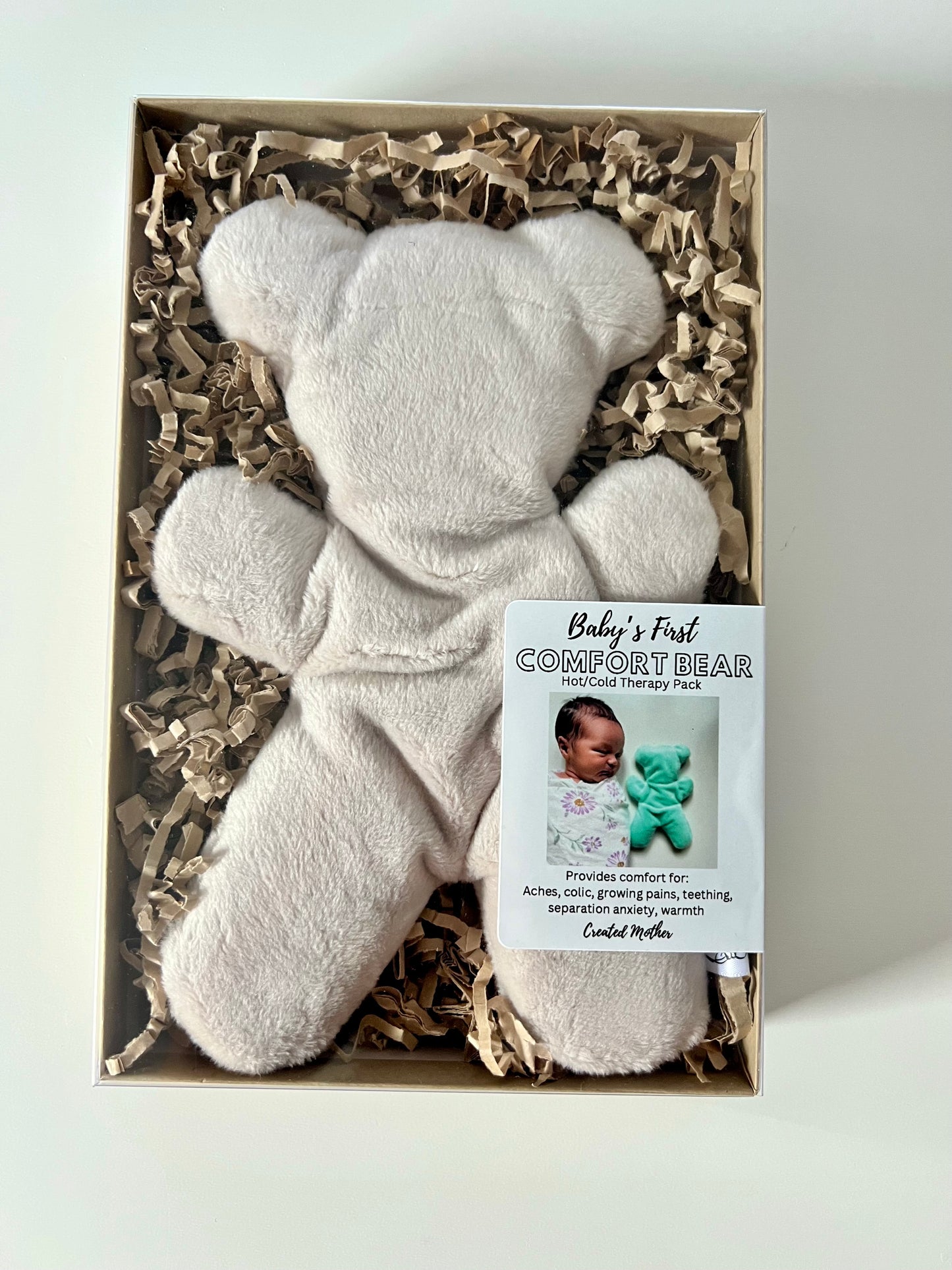 Hot/cold therapy pack shaped like a bear for soothing colic, bruises, and anxiety.