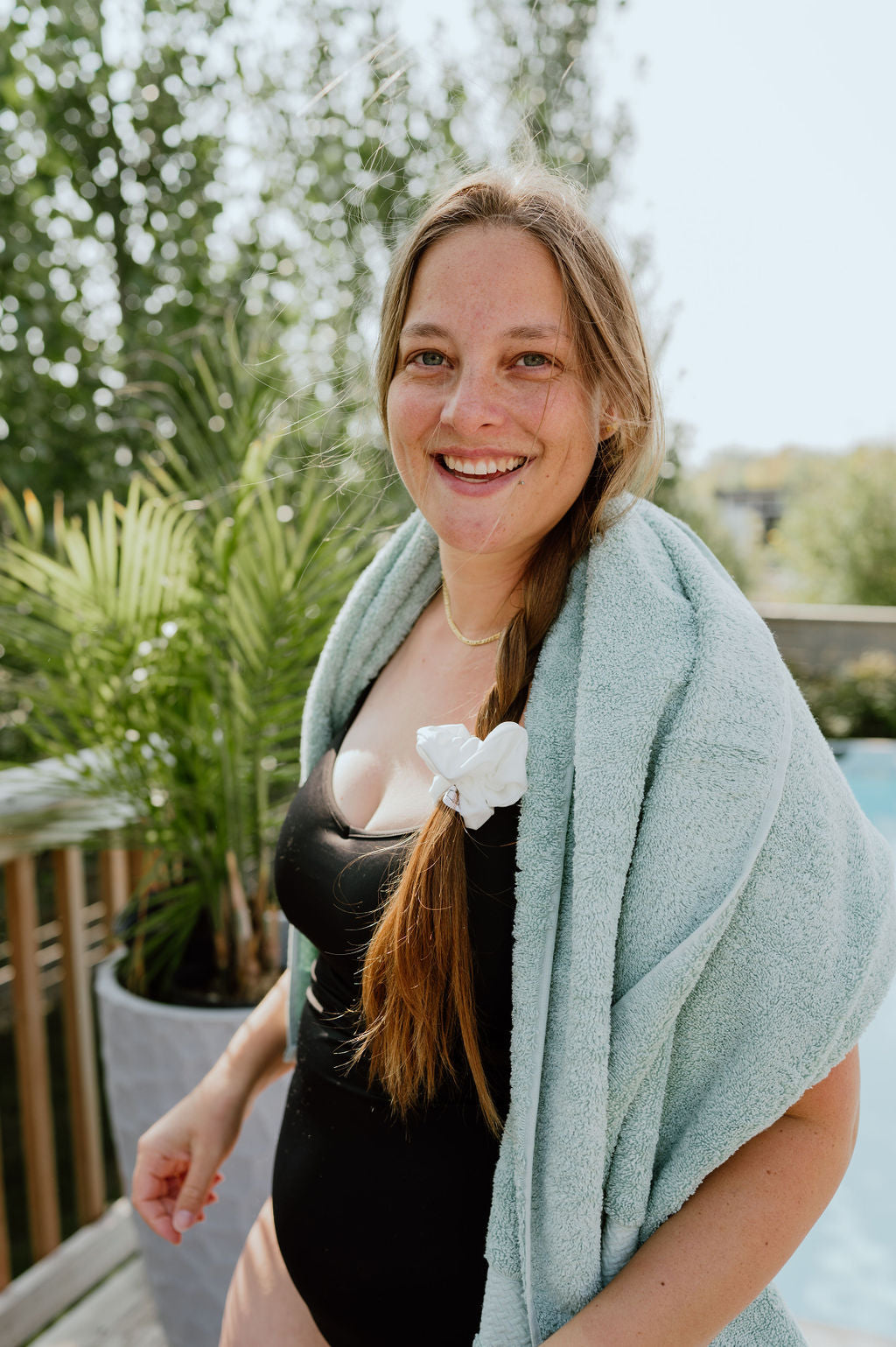 White swim scrunchie made from quick-dry swimsuit fabric