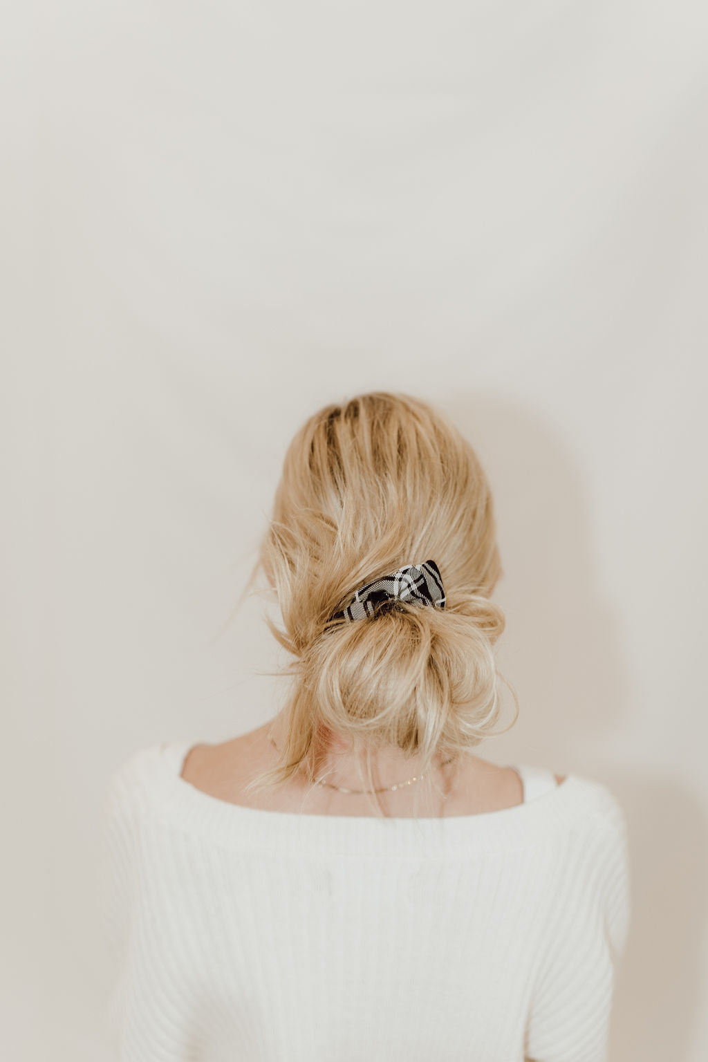 Neutral plaid scrunchie for thick blonde hair by created mother 