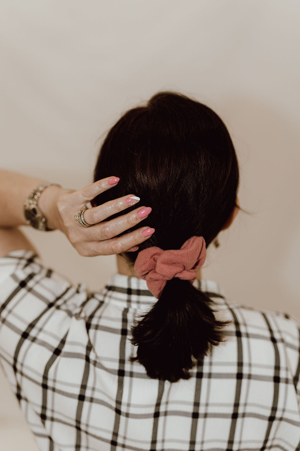 brown hair and coral scrunchie for fall by created mother