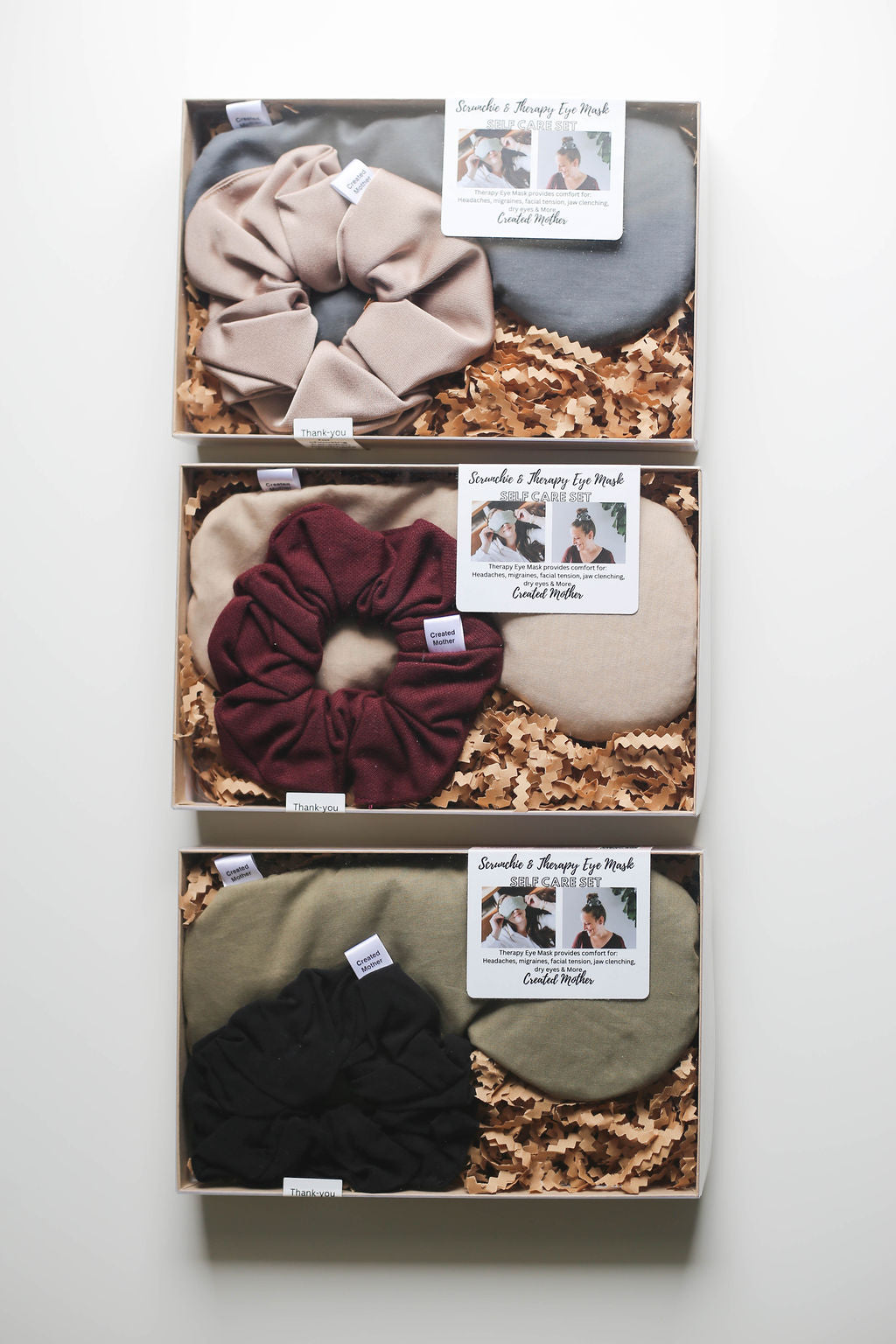 Overhead view of boxed gift set with minimalist instruction sticker.