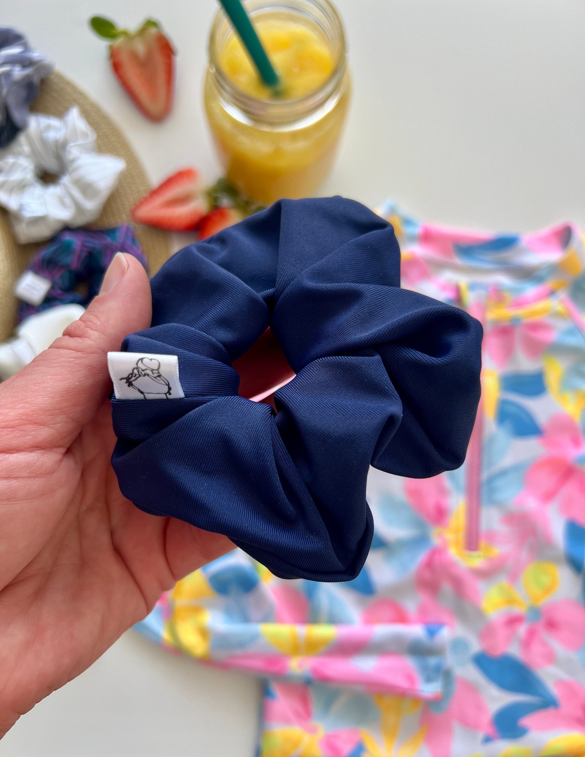Navy blue swim scrunchie made from quick dry swimsuit fabric