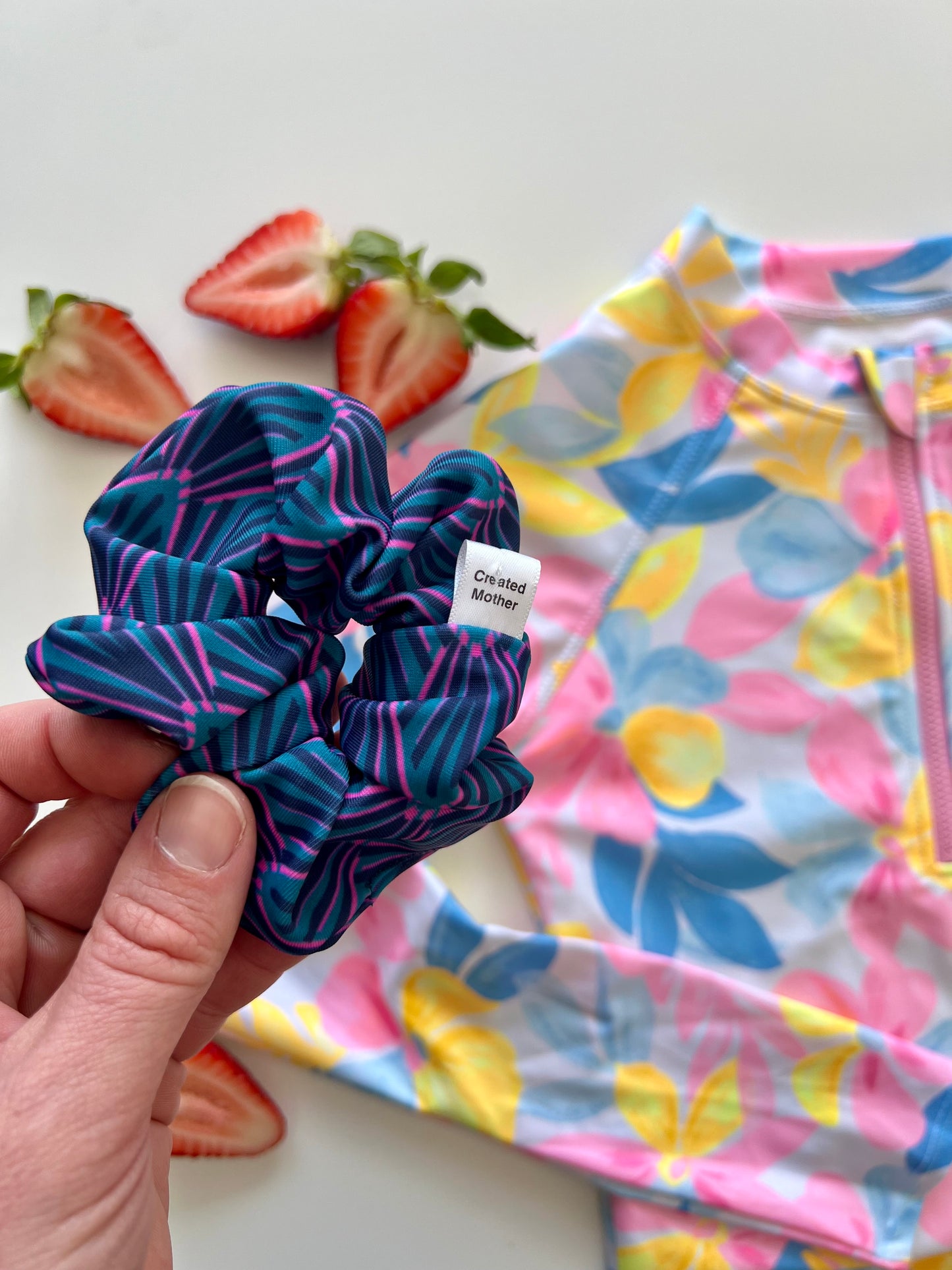 Mermaid print swim scrunchie in bright ocean colours