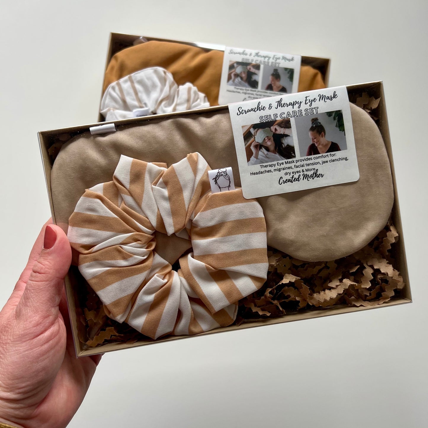 Self care sets with a hot cold therapy eye mask and large scrunchie