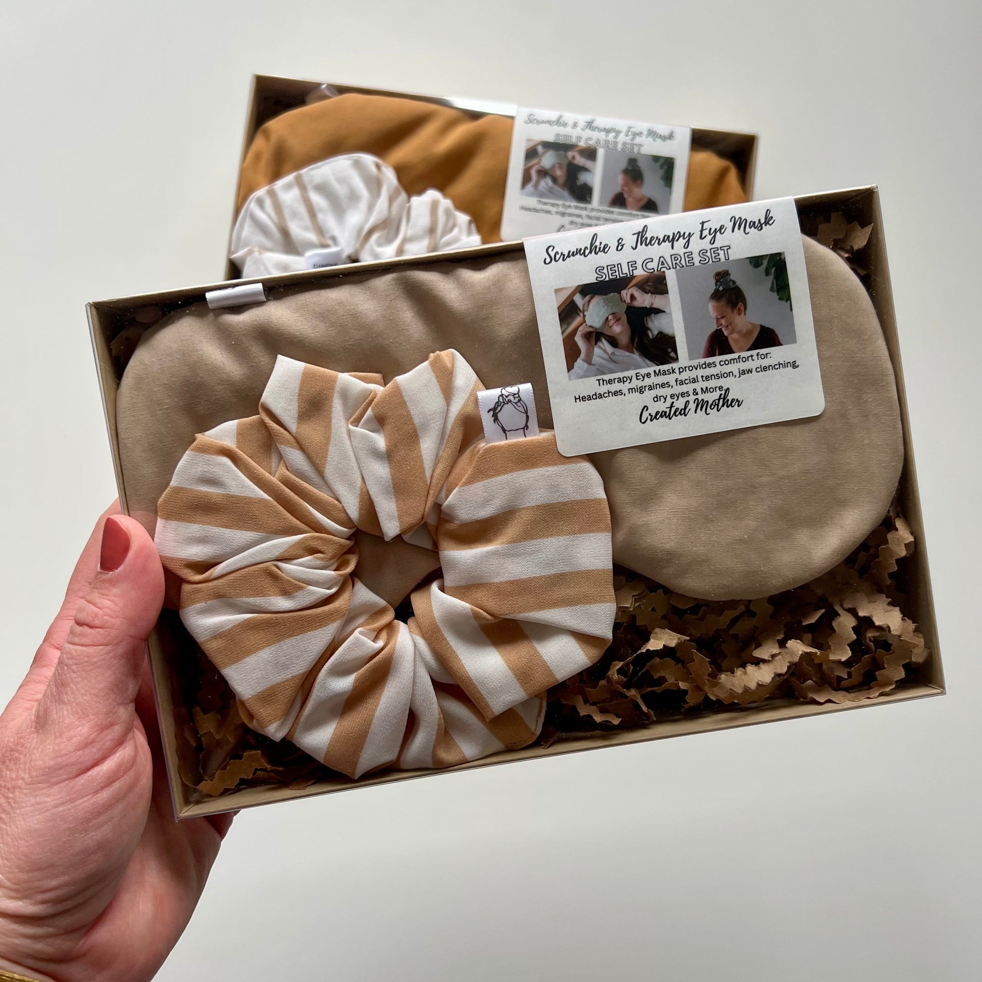 Self care sets with a hot cold therapy eye mask and large scrunchie