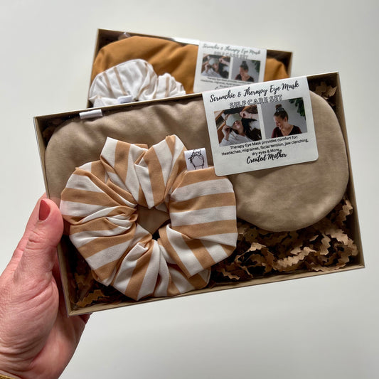 Self care sets with a hot cold therapy eye mask and large scrunchie