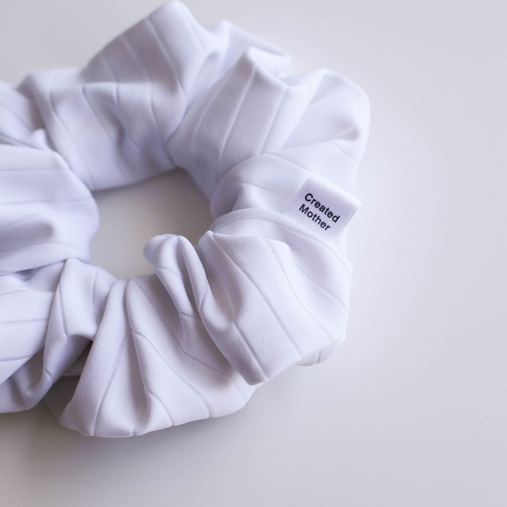 White ribbed athletic material scrunchie by Created Mother