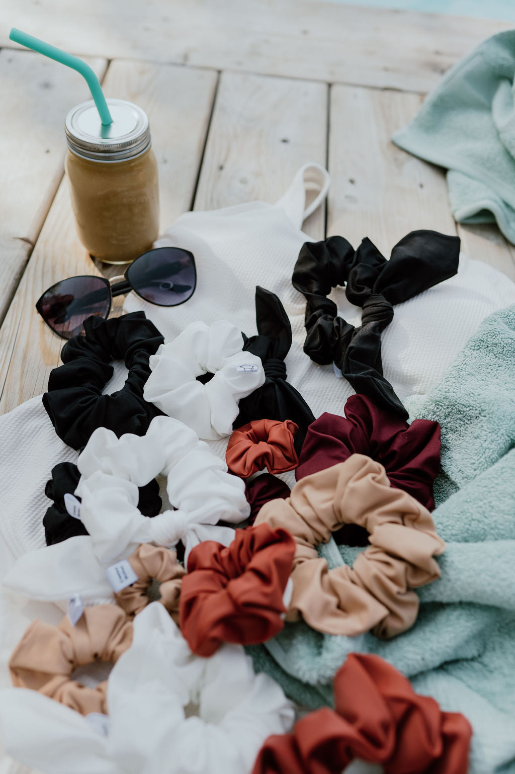 Set of quick-dry scrunchies perfect for summer water sports.